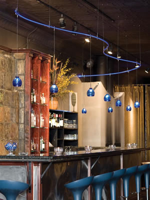Curved LED Illuminated Monorail with Blue LED Generator and Gelato Pendants in Blue, Cable suspended