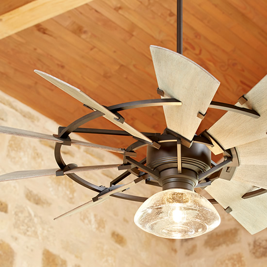 Quorum 52" Windmill Ceiling Fan with Quorum 1902 Clear Seedy Glass Damp Location Light Kit 