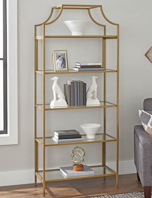 Better Homes and Gardens Nola shelves are 30" wide, 72" high and 14.5" deep. The gold color is not metallic.  It is gold paint on wood with glass shelves.