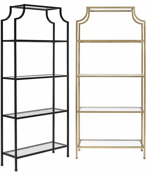 The Crosley Furniture Aimee Pagoda Etagere Bookcase is the same size, 36" wide, 80" high and 12" deep. It is available in Gold or Oil-Rubbed Bronze.