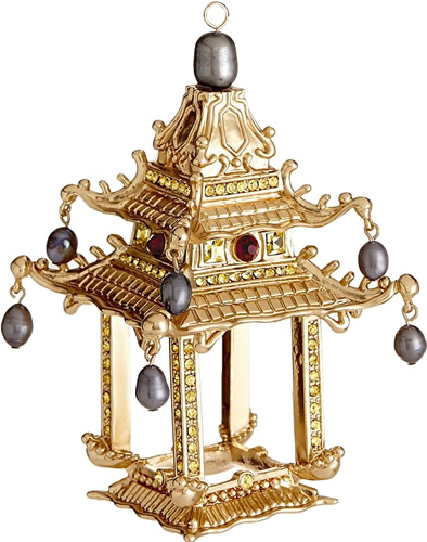 L'Objet Pagoda Ornaments in 24K gold with gold Swarovski crystals, grey freshwater pearls and hand-set garnets