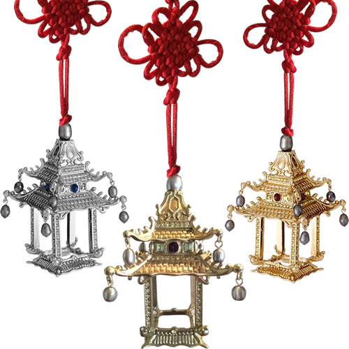 L'Objet Pagoda Ornaments in hand-crafted and layered in 24K gold and platinum with Swarovski crystals, freshwater pearls and hand-set semi-precious gemstones