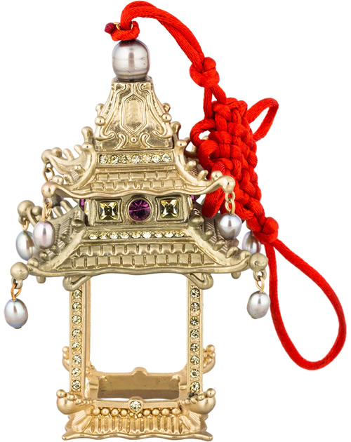 L'Objet Pagoda Ornament hand-crafted and layered in 24K gold with Swarovski crystals, freshwater pearls and hand-set semi-precious gemstones