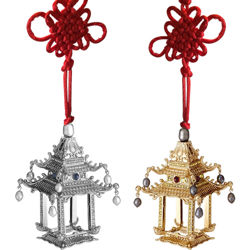 L'Objet Pagoda Ornaments in hand-crafted and layered in 24K gold and platinum with Swarovski crystals, freshwater pearls and hand-set semi-precious gemstones