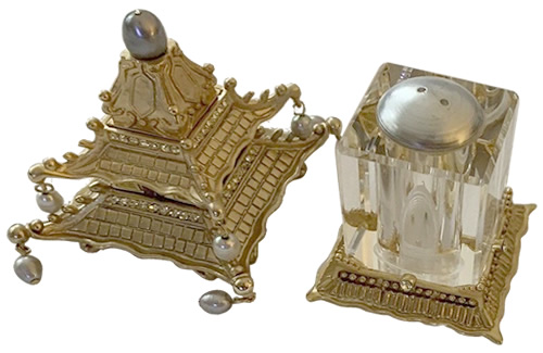 L'Objet Pagoda Spice Jewels Salt and Pepper Shakers have hand blown faceted crystal