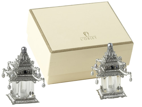 L'Objet SP6500 Platinum Pagoda Spice Jewels Salt and Pepper Shakers in Presentation Gift Box