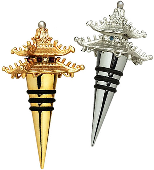 L'Objet Pagoda Wine Stoppers in Platinum or Gold with faceted Swarovski crystals and hand-set semi-precious gemstones