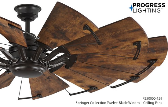 Progress Lighting P250000-129 Springer Collection Twelve-Blade Windmill Ceiling Fan in Bronze finish and Distressed Walnut blades