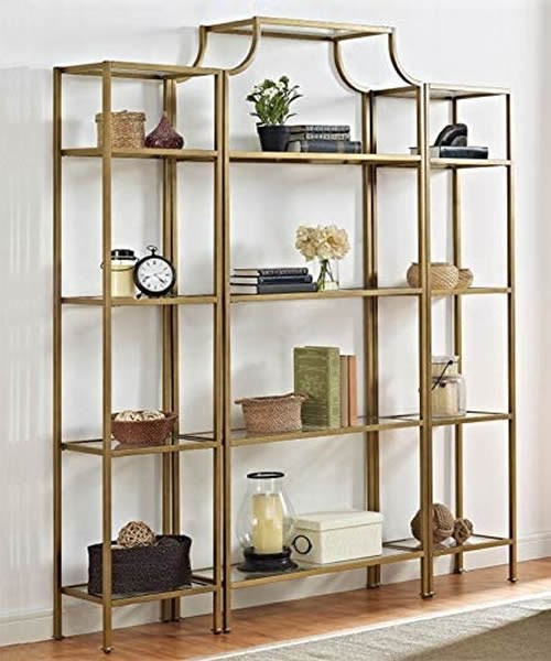 Pemberly Row Antique Gold Pagoda Etagere with matching shelves for either side