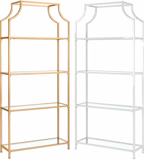 The Safavieh Home Collection Slater 4 Tier Etageres are wider and taller, 36" wide, 80" high. But it is not as deep. The etagere is 12" deep and each shelf is 10" deep. It available in gold matte metallic paint or matte white.