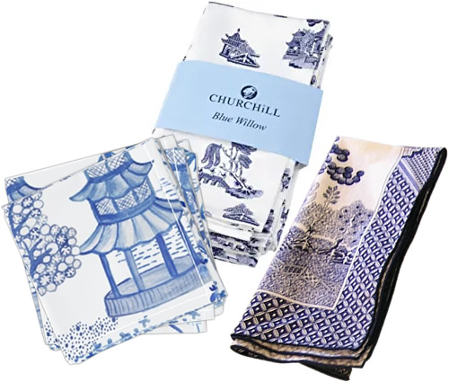 Spoonflower Pagoda Forest in Blues Cloth Cocktail Napkins, Churchill Blue Willow Cloth Napkins, Royal Linens Johnson Brothers Blue Willow Cloth Napkin