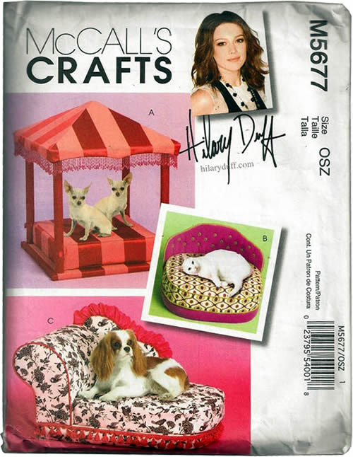 McCall’s Crafts Pattern M5677 from the Hillary Duff Collection includes a pattern to make a Pagoda Pet Bed, Pet Sofa and Pet Chaise Lounge