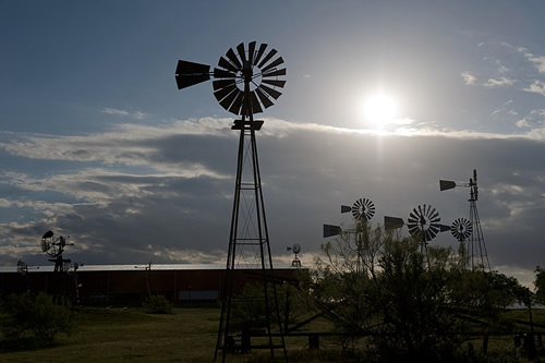 Restored windmills at Lubbock Windmill Museum at dusk. Photo from United States Department of Agriculture NRCS Texas