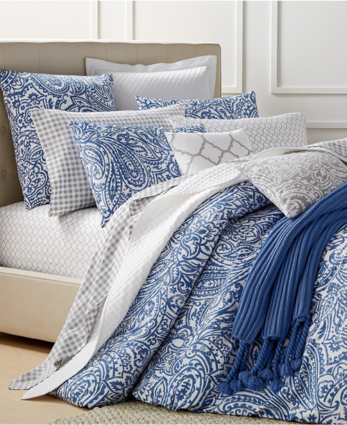 Charter Club Denim Blue and White Damask Designs Paisley Bedding