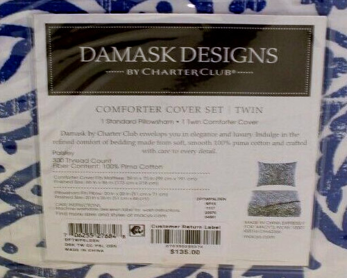 Charter Club Damask Designs Paisley Twin Comforter Cover Set in Denim Blue