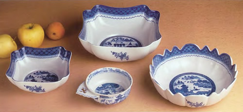 Mottahedeh Blue Canton Small Square Bowl, Square Salad Bowl, Porringer and Scalloped Bowl