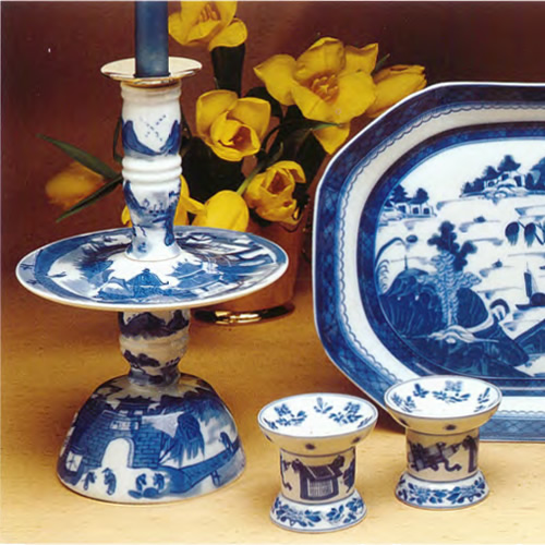 Mottahedeh Blue Canton Bell Candlestick, Small Platter and Salt and Pepper Set