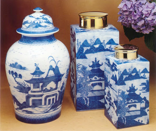 Mottahedeh Blue Canton Ginger Jar with Large and Small Tea Jars