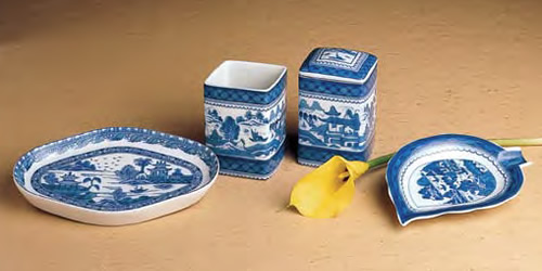 Mottahedeh Blue Canton Oval Tray, Cup, Covered Square and Leaf Tray