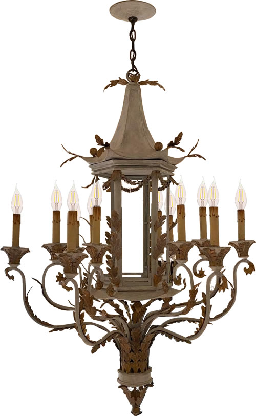 Discontinued Currey and Company Chinoiserie Pagoda Tole Chandelier