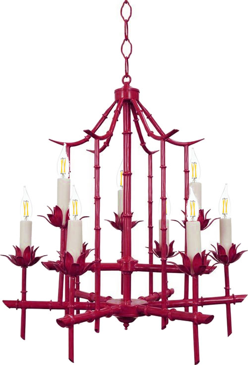 Chinoiserie Tole Bamboo Chandelier painted high gloss pink