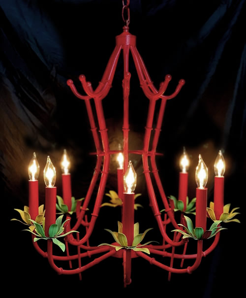 Chinoiserie Tole Bamboo Chandelier painted high gloss red and green