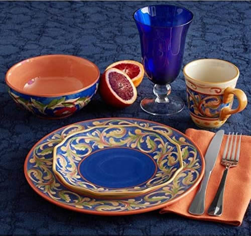 Pfaltzgraff Villa Della Luna Stoneware, Melamine and Cobalt Blue Glasses