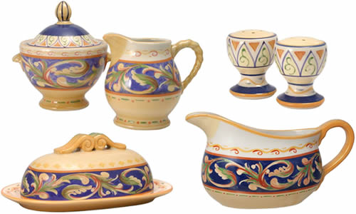 Pfaltzgraff Villa Della Luna Blue Stoneware Table Ware Sugar Bowl, Cream Pitcher, Salt and Pepper Shakers, Covered Butter Dish, Gravy Pourer