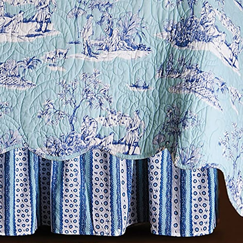 Colonial Williamsburg Hampstead Chinoiserie Toile quilt with coordinating bed skirt in cobalt blue and white stripes with tiny flowers and lace pattern