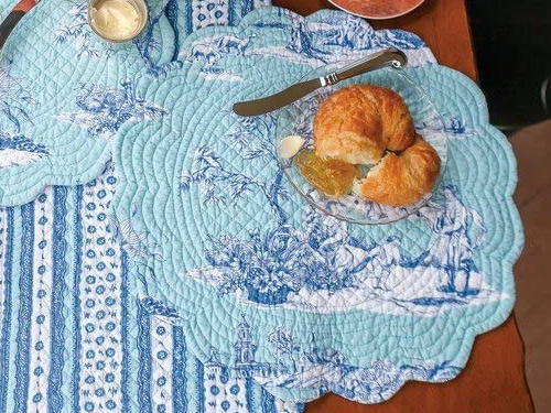 Colonial Williamsburg Foundation Hampstead Toile Placemat with Cobalt blue Chinoiserie print on aqua blue