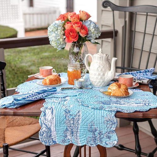 Colonial Williamsburg Foundation Hampstead Toile Table Linens with Cobalt blue Chinoiserie print on aqua blue