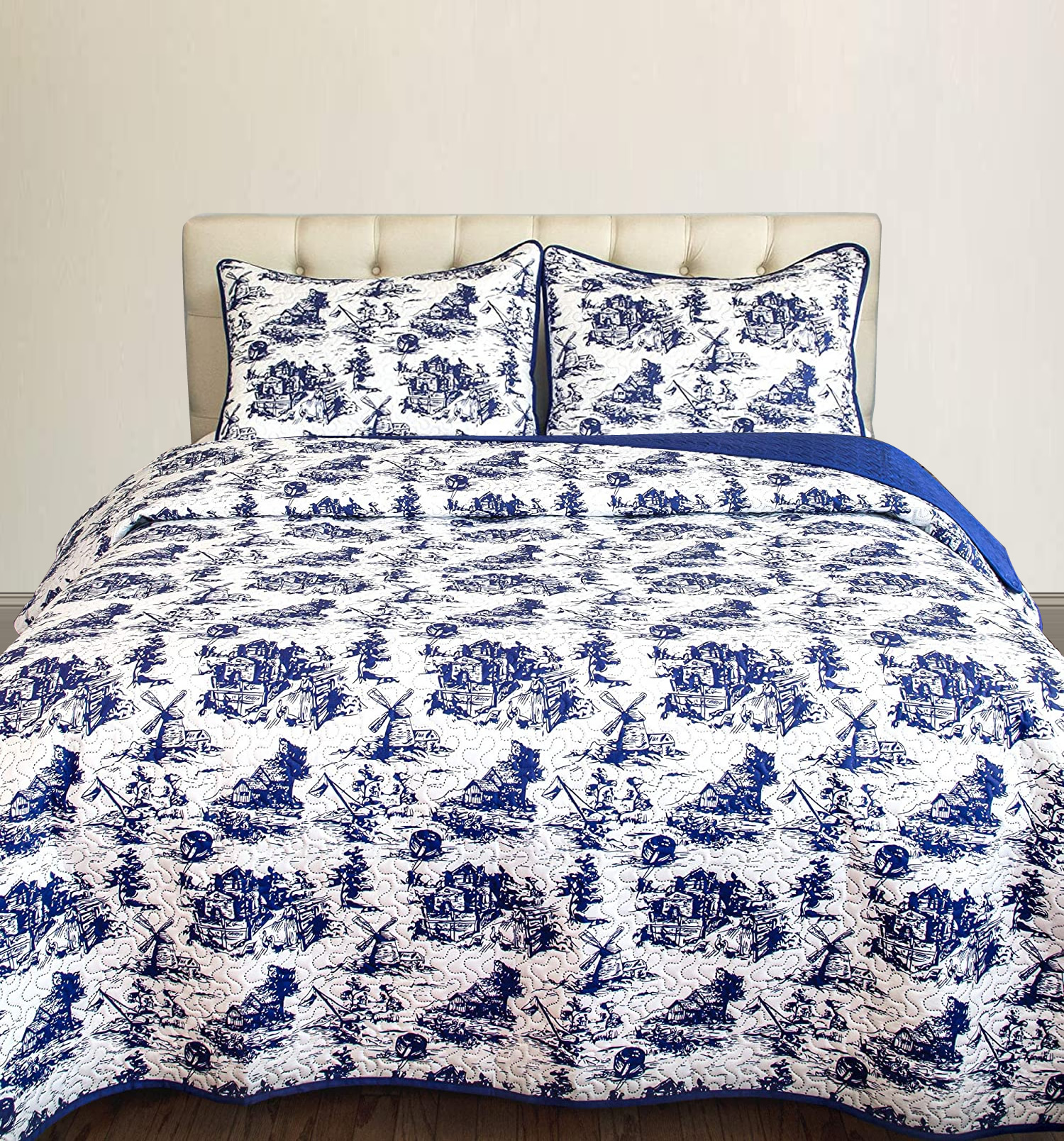 Cobalt Blue Classic Dutch Windmill Toile Print Bedding from Cozy Home