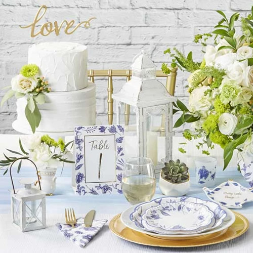 Kate Aspen Blue Willow Wedding Table Number, Paper Plates and napkin, Blue Willow Teapot Pretty Little Things Trinket Dish and a votive tea light holder in frosted glass with Blue Willow motifs