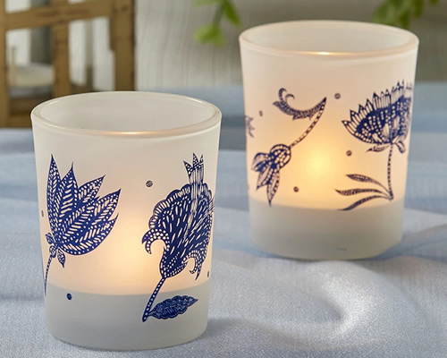 Blue Willow Frosted Glass Votive Tea Light Candle Holders