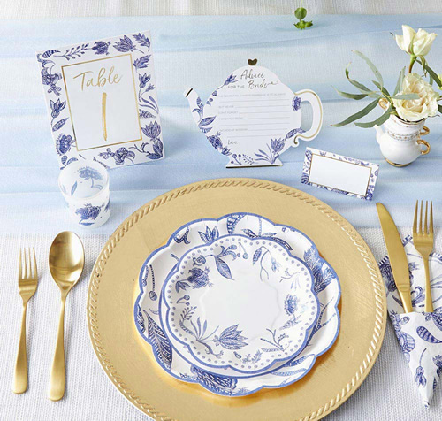 Kate Aspen Blue Willow Paper Plates and napkin, Table Number, place card, Teapot "Advice for the Bride" cards and a votive tea light holder in frosted glass with Blue Willow motifs