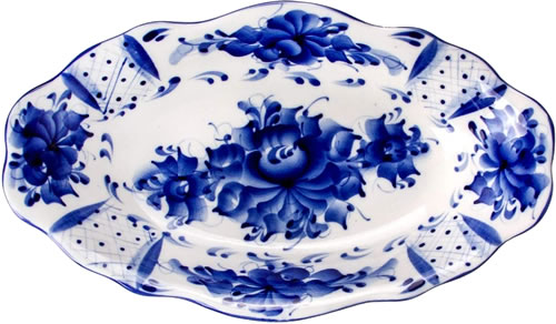 Salad Serving Bowl Deep Dish Ceramic Plate Gzhel Porcelain Signed Authentic 