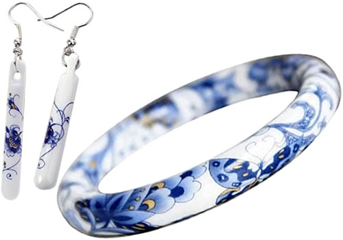 Blue and White Porcelain Bangle Bracelets and Earrings