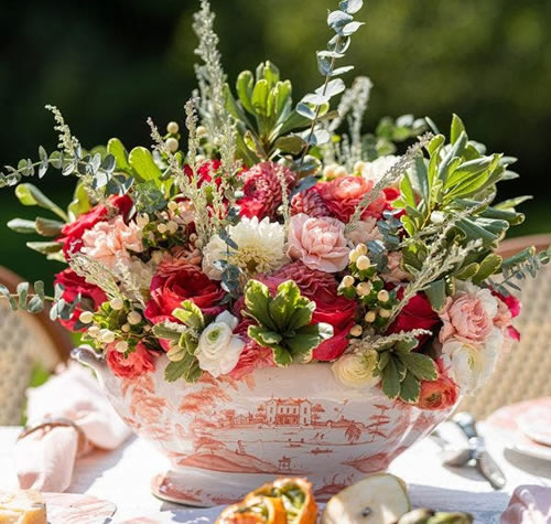 Flowers arranged in Juliska Country Estate Tureen in Petal Pin