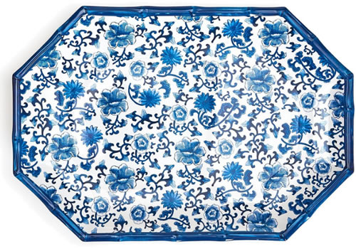 Two’s Company Bamboo Touch Melamine Octagonal Serving Tray Platters Platter with Blue Bamboo Rim Platter with Blue Bamboo Rim and Blue Floral Print