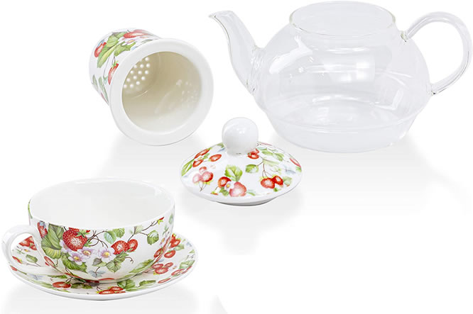 Grace Teaware Tea-for-One 5-Piece Glass Teapot and Porcelain Cup, Saucer, Lid and Diffuser