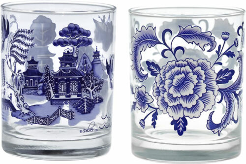 Blue Willow and Blue Chinoiserie Double Old-Fashioned Glasses from Culver Barware