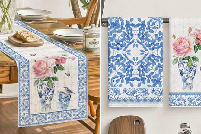 Artoid Mode Blue Porcelain Collection Dish Towels, Placemats and Table Runners
