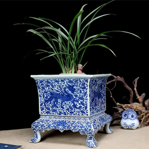 Chinoiserie Blue and White Chinese Porcelain Square Planter Jingdezhen Hand Painted Extra Large Flower Pots