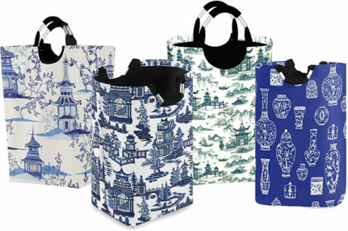Chinoiserie Fabric Laundry Bags with Monkeys on White Background