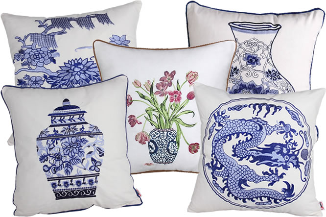 Queenie Wong Embroidered Chinoiserie Pillows and Pillow Covers