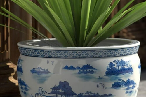 Blue Willow Chinoiserie Landscape Blue and White China Fishbowl Available 12", 14", 16", 18" or 20" wide